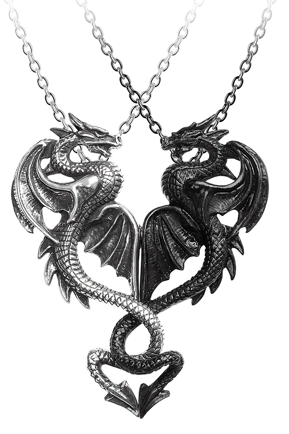 Elegant Draconic Tryst Pendant featuring interlocking black and pewter dragons shaped as a heart.
