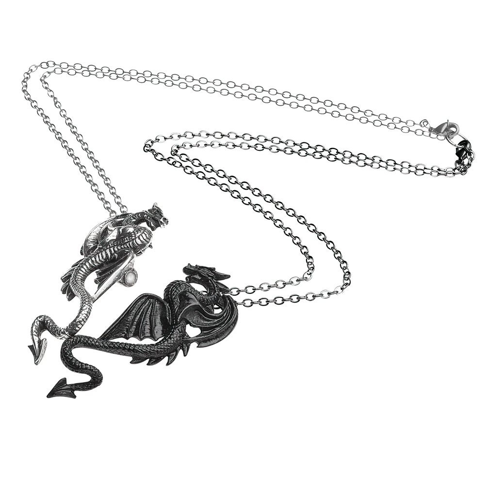 Draconic Heart Pendants featuring interlocking pewter dragons on an 18" chain, symbolizing eternal connection.