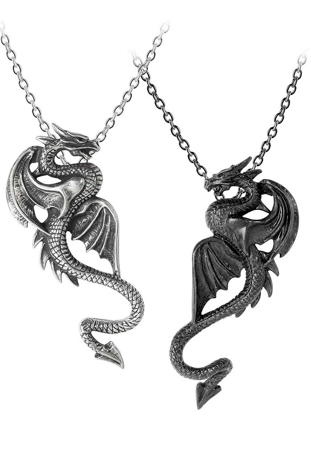 Interlocking pewter dragons pendants in black and antiqued silver, symbolizing eternal connection.