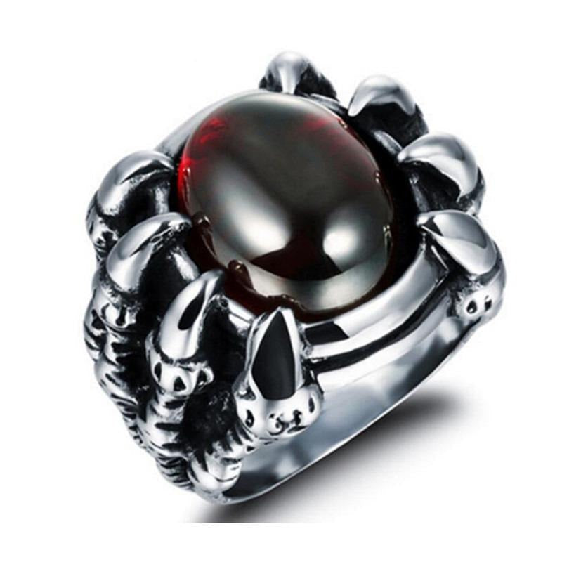 Dragon Claw Stainless Steel Ring featuring a red CZ stone, perfect for gothic and alternative jewelry lovers.