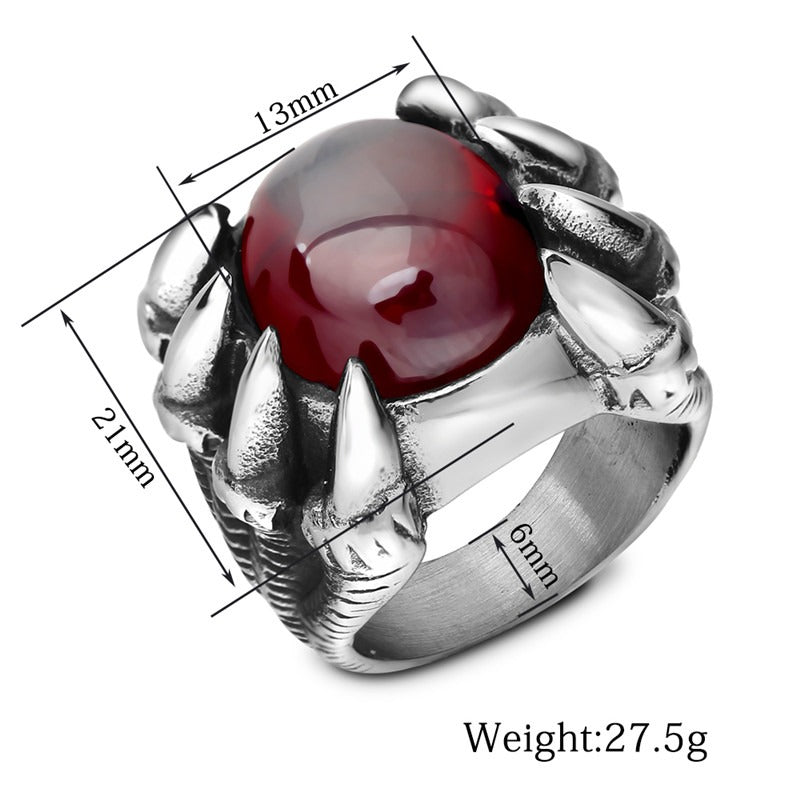 Dragon Claw stainless steel ring with red CZ stone, showcasing gothic design and measurements for size guidance.