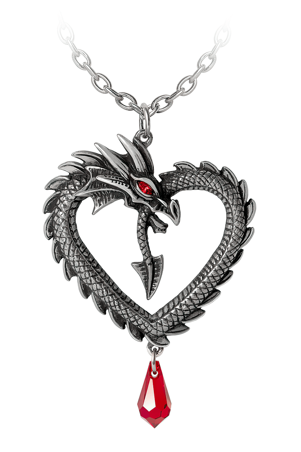 Dragon Heart Pendant with red crystal eye and satin ribbon, perfect for enchanting jewelry lovers.