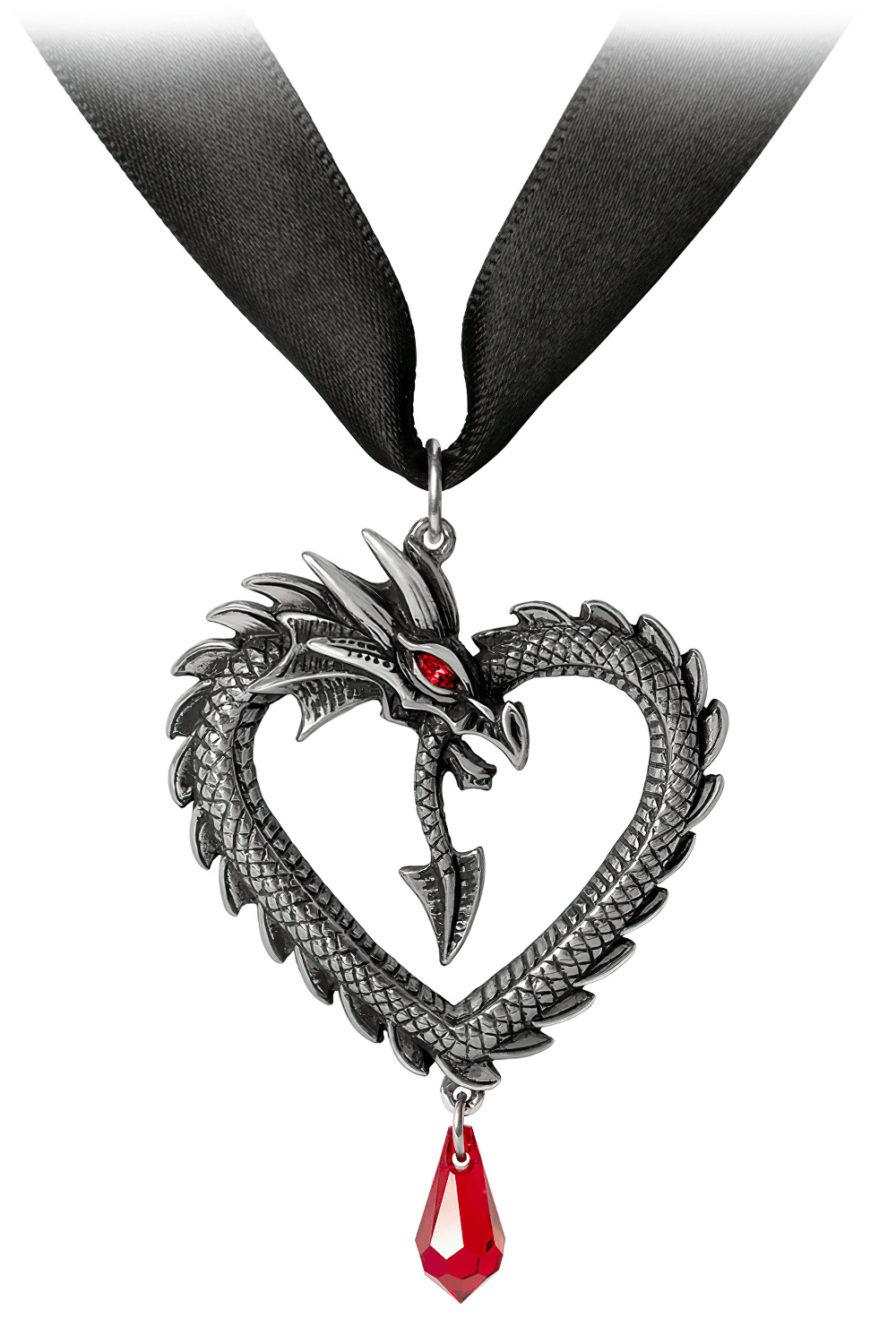 Dragon heart pendant with red crystal eye on satin ribbon, crafted in fine English pewter, mystical and enchanting.