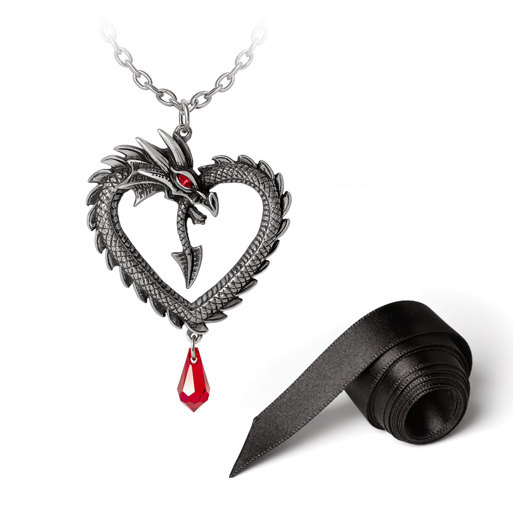 Dragon Heart Pendant with red crystal eye and black satin ribbon, perfect for enchantment lovers.