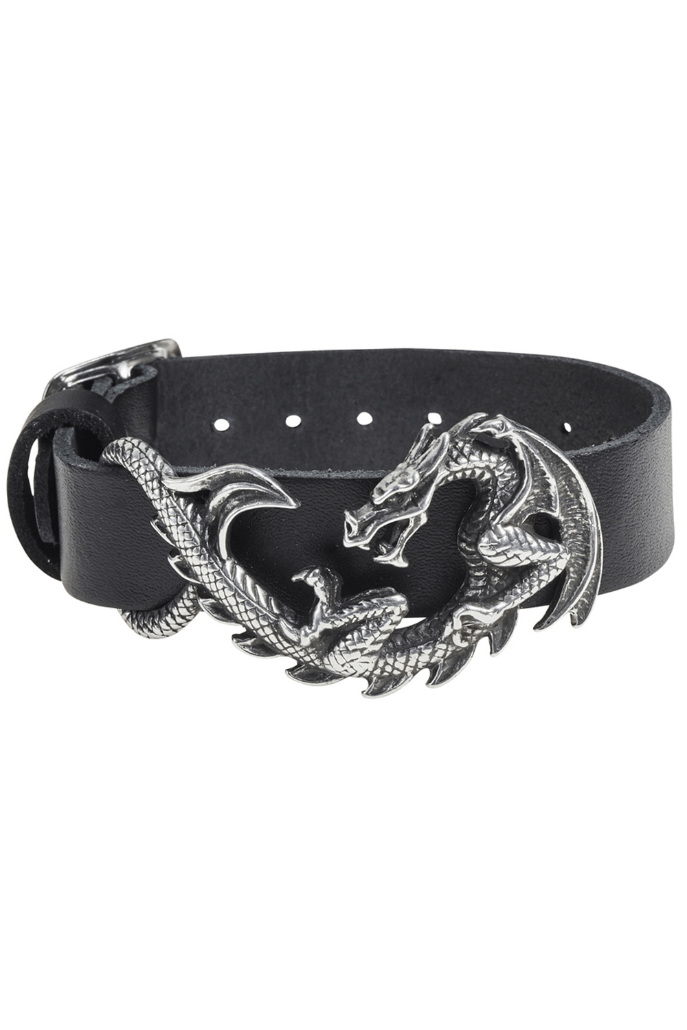 Dragon Maelstrom Leather Bracelet with 3D Pewter Detail showcasing intricate dragon design in silver and black leather.