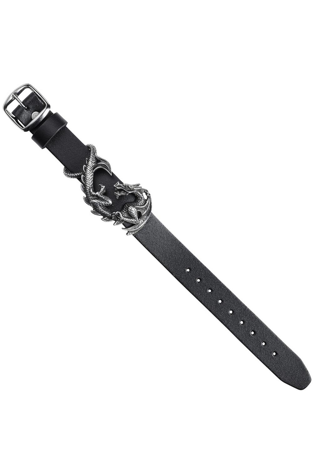 Dragon Maelstrom Leather Bracelet with 3D Pewter Detail featuring a dragon design on a black strap.