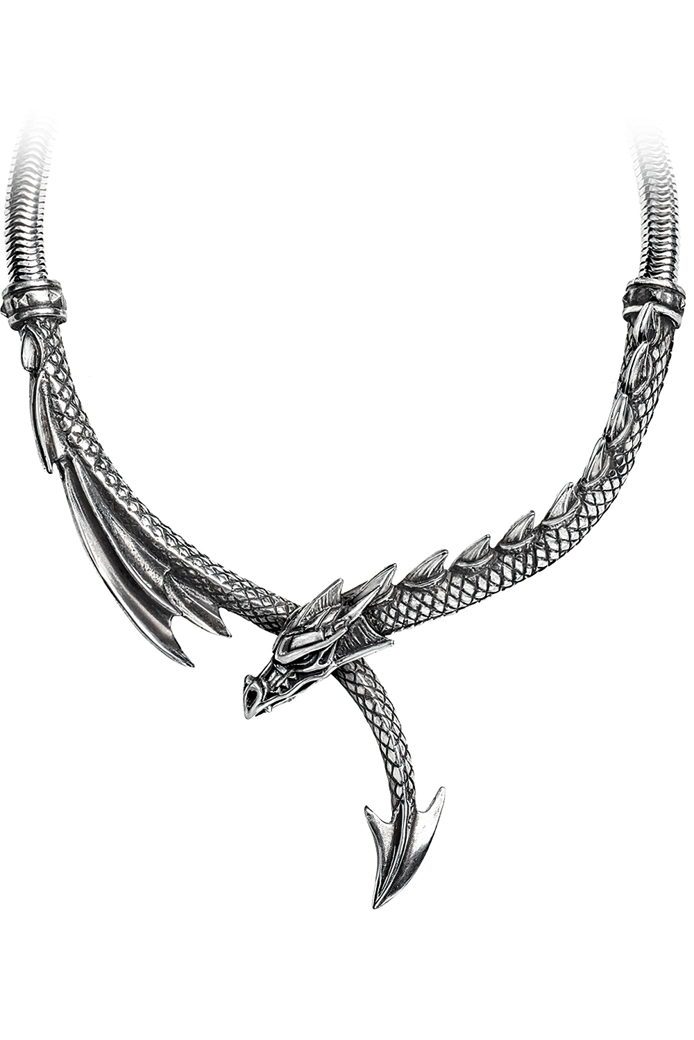 Intricate pewter dragon necklace with spined tail design, suspended on a sleek snake chain.