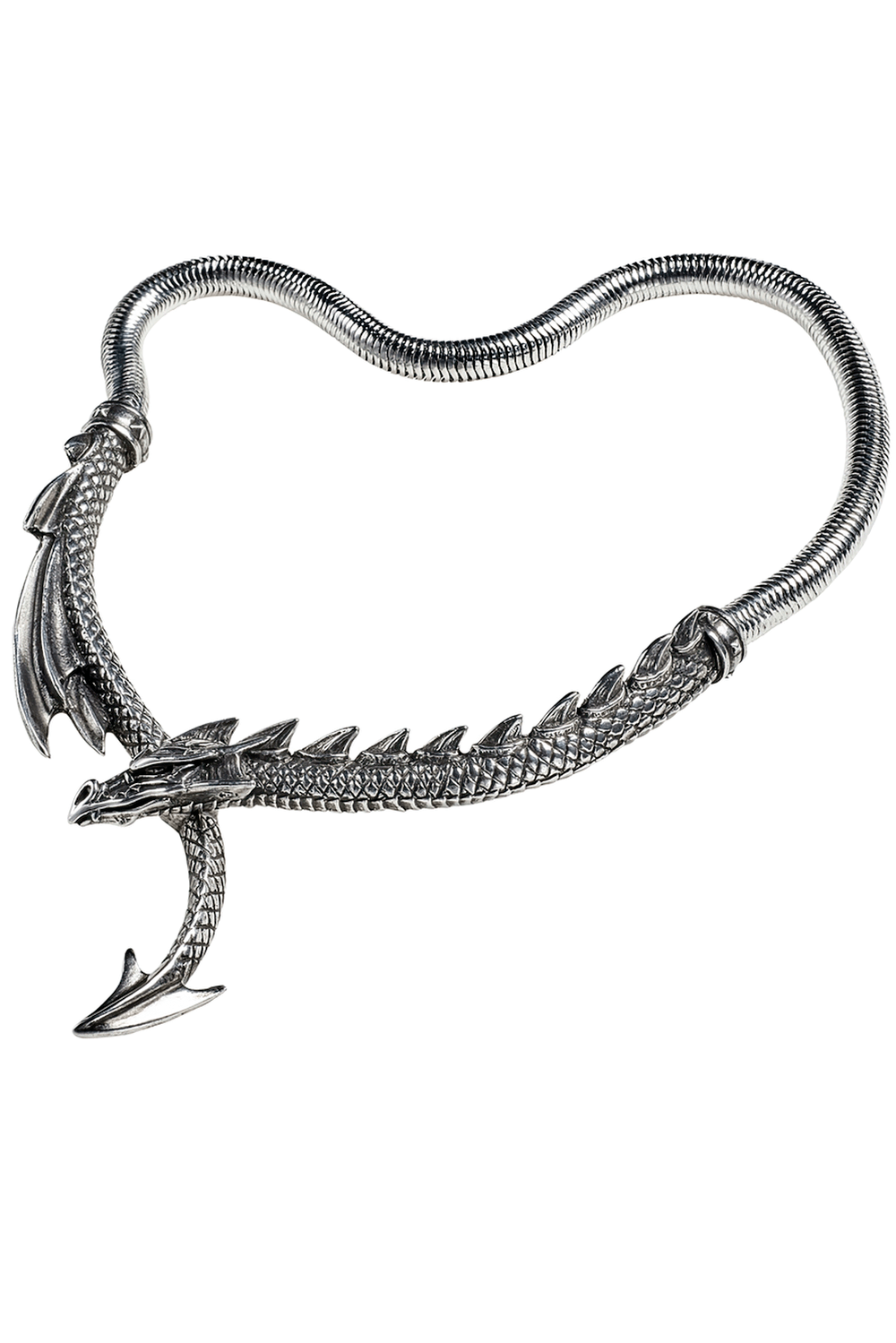 Dragon necklace with spined tail in pewter finish on a snake chain, showcasing intricate design and detailing.