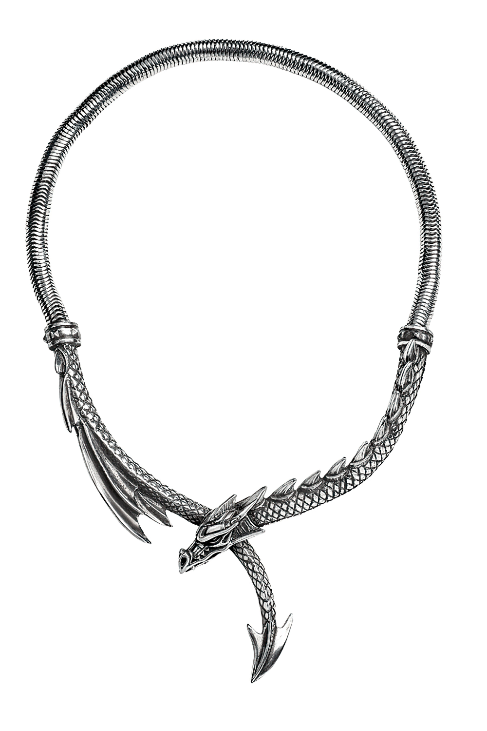 Intricate dragon necklace with spined tail and pewter finish, featuring a powerful design on a snake chain.