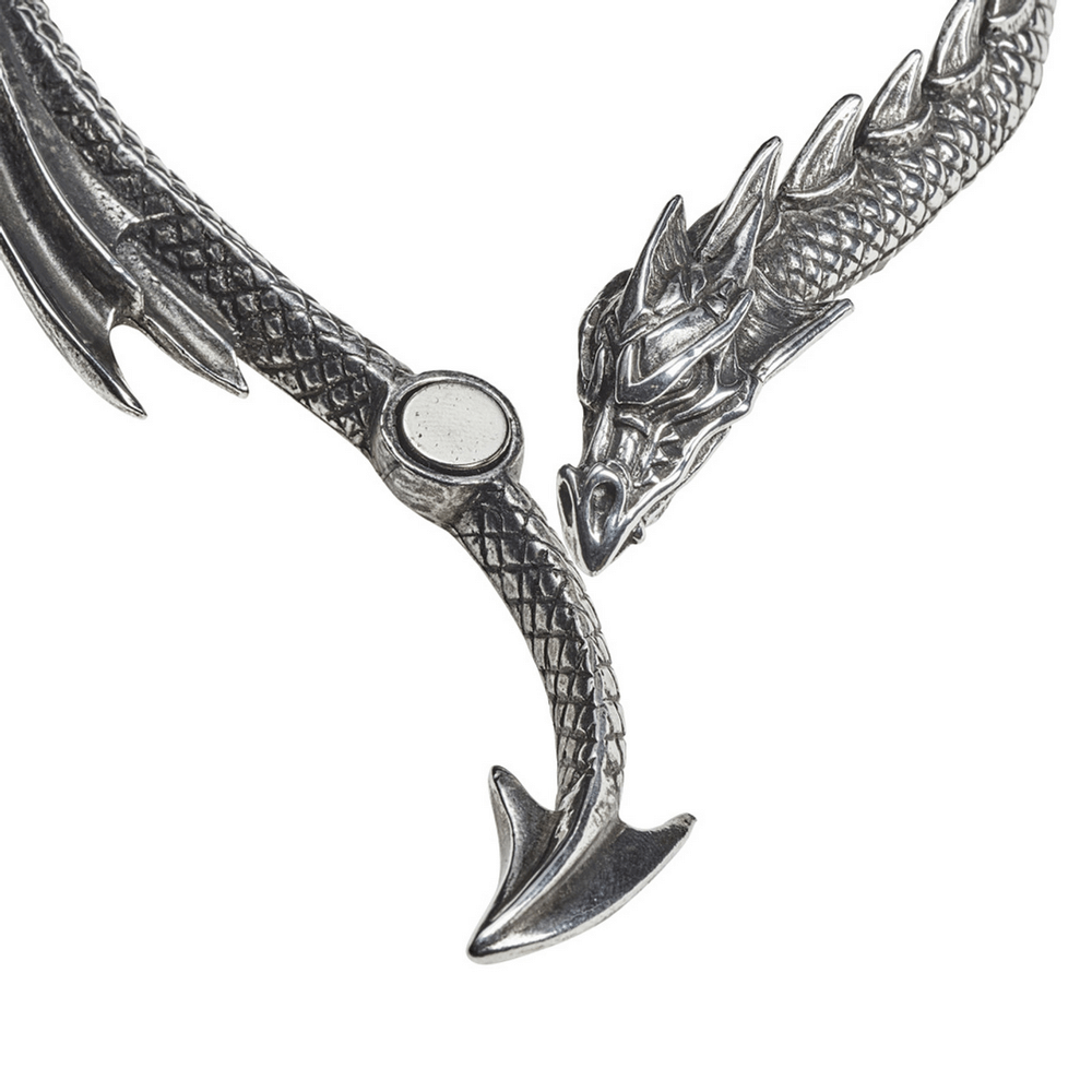 Stunning pewter dragon necklace with spined tail design, showcasing intricate details and a continuous snake chain.