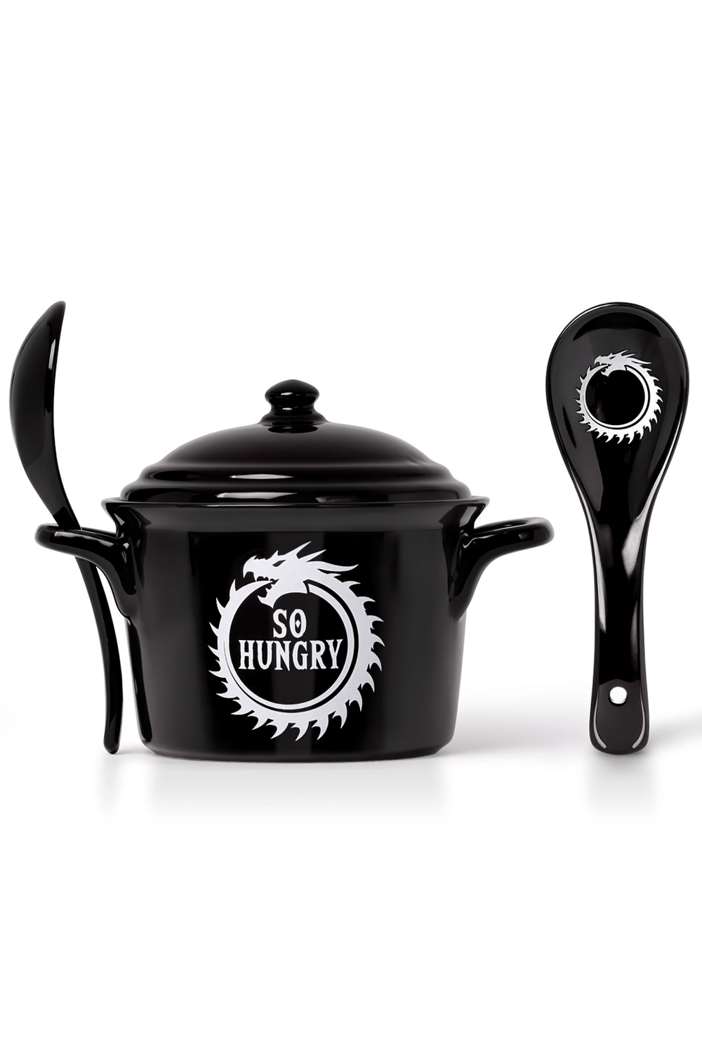 Dragon Ouroboros cauldron bowl and spoon set in black, featuring 'So Hungry' design for soups and cereals.