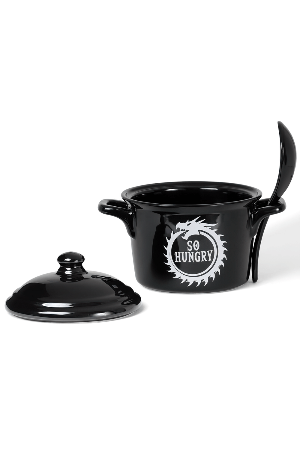 Dragon Ouroboros lidded bowl and spoon set with 'So Hungry' design, perfect for soups and cereals.