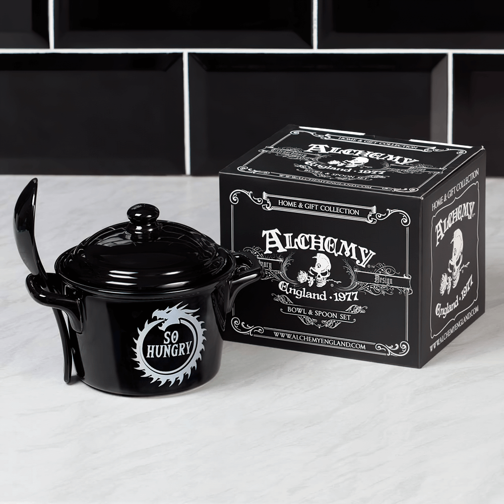 Dragon Ouroboros cauldron bowl with spoon set by Alchemy, featuring 'So Hungry' design, beautifully packaged.