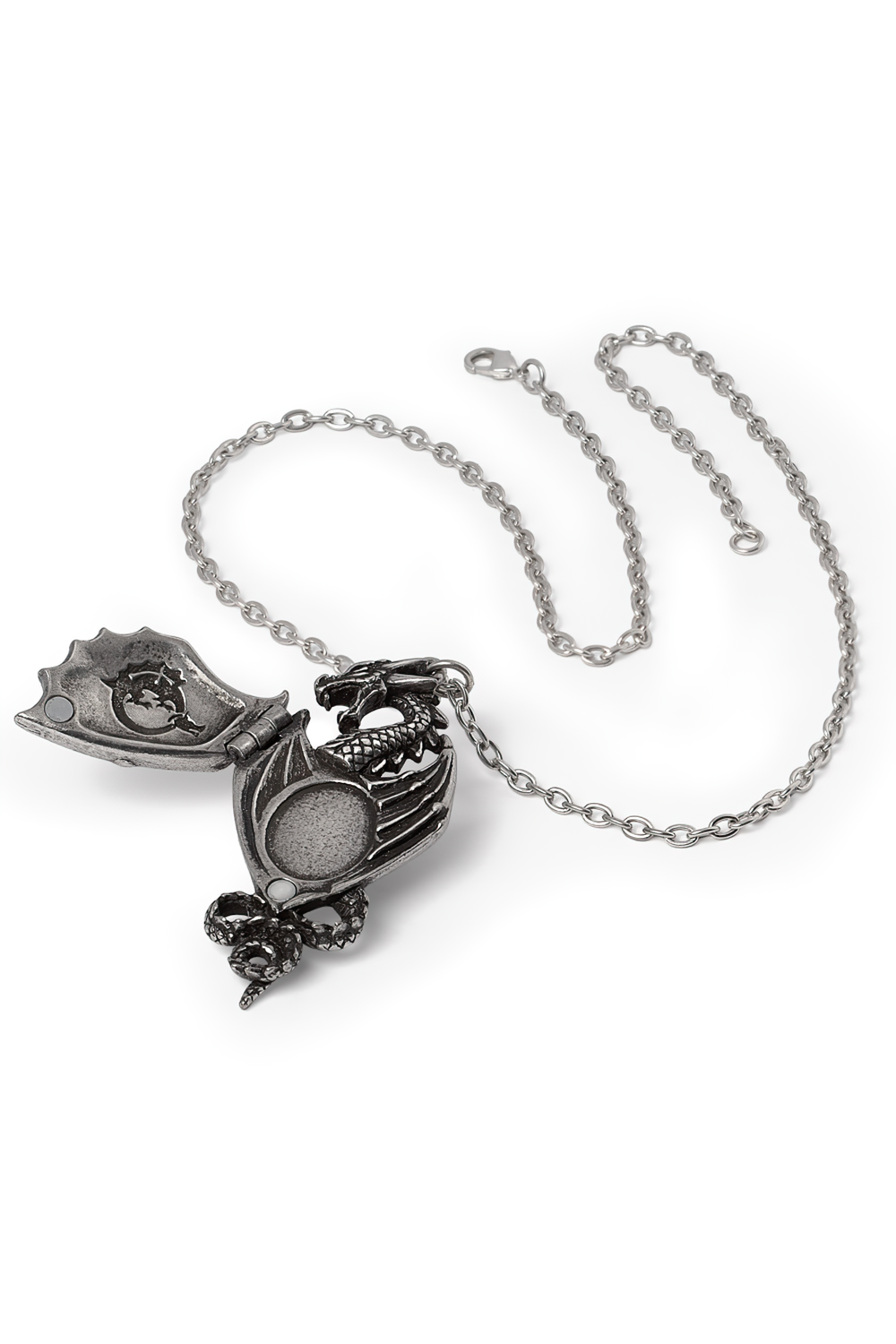 Dragonistii Order Talisman Pendant with Hidden Locket showcasing a dragon wing design in fine English pewter.