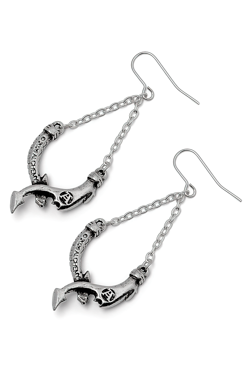 Dragon's Lure Dropper Earrings with Intricate Dragon Design showcasing detailed craftsmanship in fine English pewter.