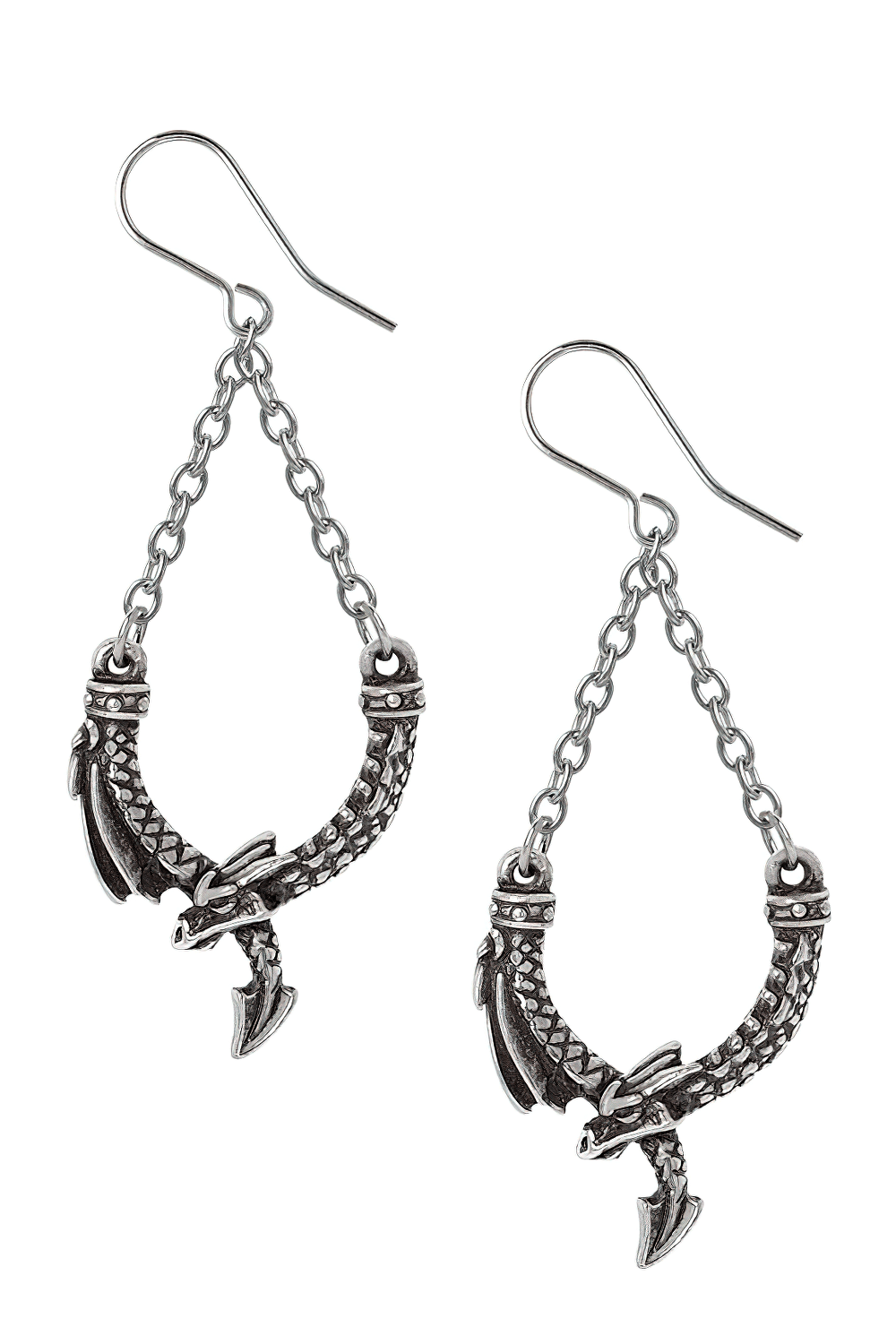 Dragon's Lure Dropper Earrings with Intricate Dragon Design showcasing detailed craftsmanship in fine English pewter.