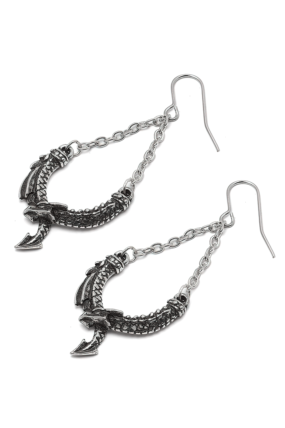Dragon's Lure Dropper Earrings with Intricate Dragon Design showcasing detailed dragon design in fine English pewter.