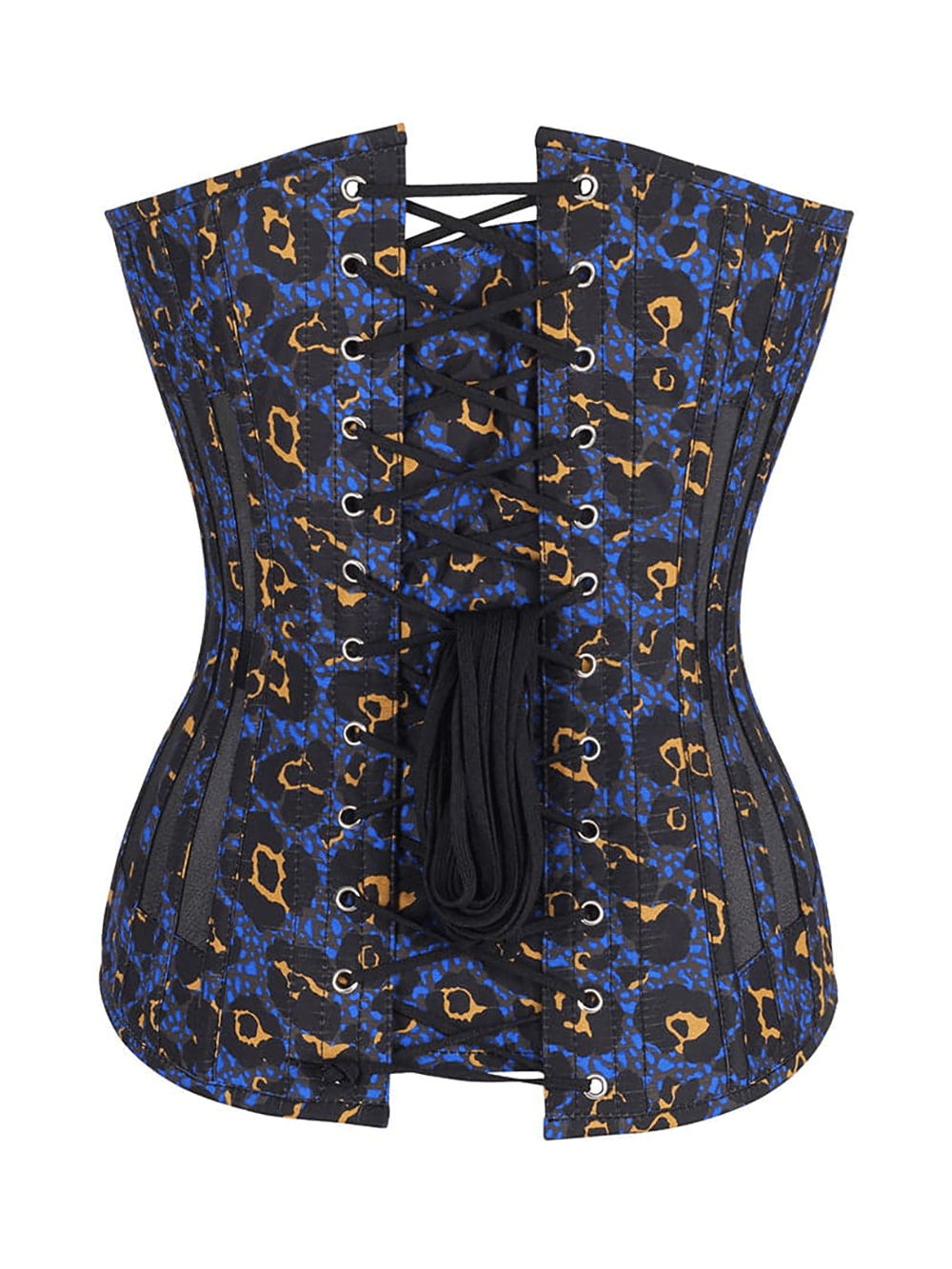 Dramatic Corset with Hourglass Silhouette and Animal Print showcasing a stunning midnight navy leopard print design.