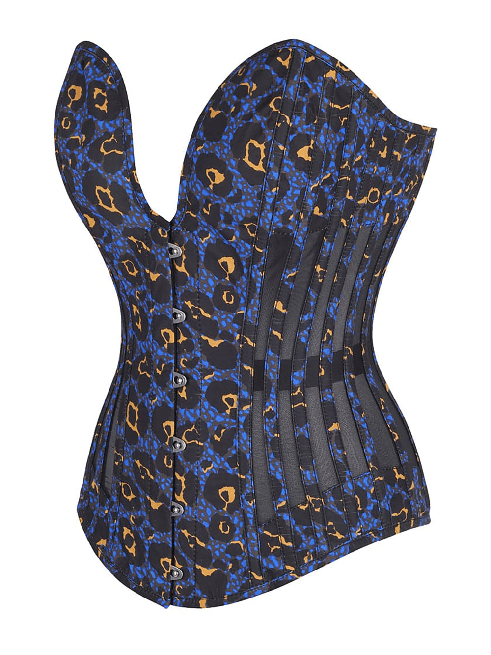 Dramatic Corset with Hourglass Silhouette and Animal Print in midnight navy leopard print with gold accents.