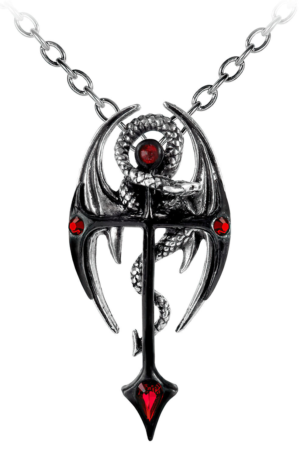 Dramatic Draconkreuz pendant with dragon and red Austrian crystals, perfect for gothic jewelry lovers.