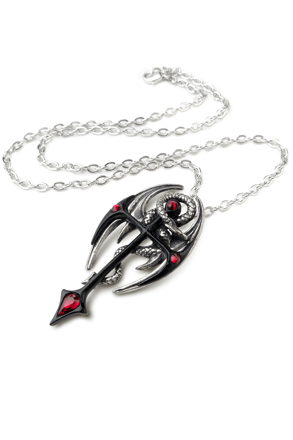 Dramatic Draconkreuz pendant with dragon and red Austrian crystals for gothic style jewelry.