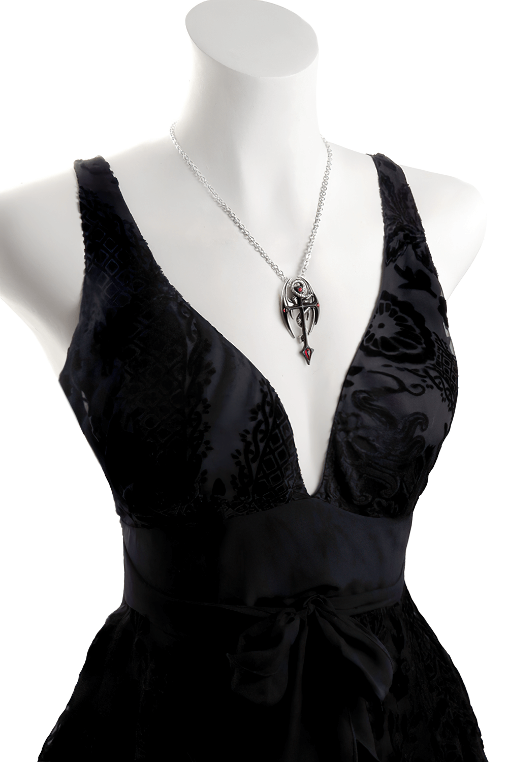 Dramatic Draconkreuz Pendant with red crystals showcased on a black dress, embodying gothic elegance and mystic allure.