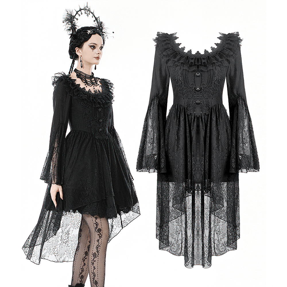 Dramatic Lace High Low Dress with Corset Back and Ruffles displayed on model, featuring sheer skirt and bell sleeves.