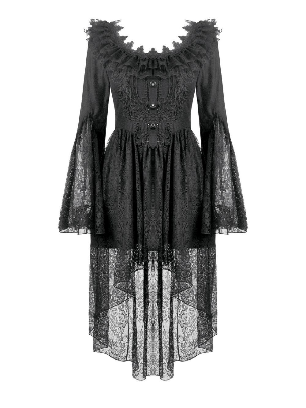 Dramatic Lace High Low Dress with Corset Back and Ruffles featuring black lace and flared sleeves.