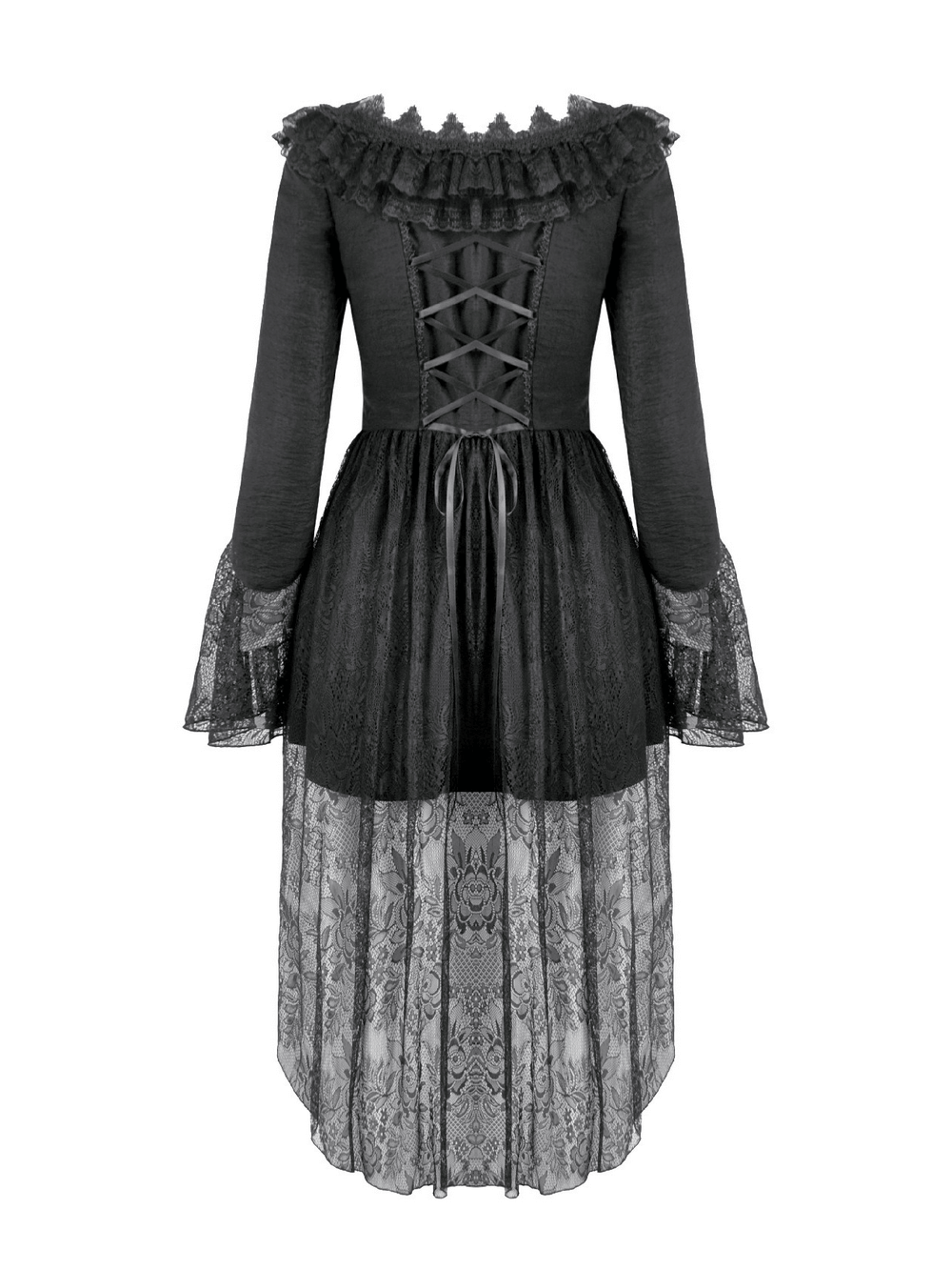 Dramatic Lace High Low Dress with Corset Back and Ruffles, view of back with flared sleeves and sheer skirt