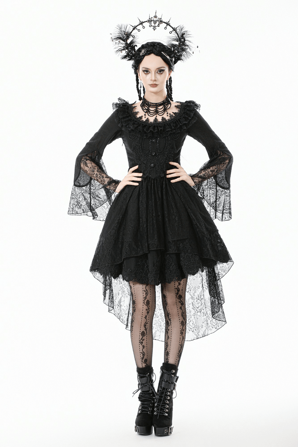 Dramatic Lace High Low Dress with Corset Back and Ruffles worn by a model with gothic accessories.