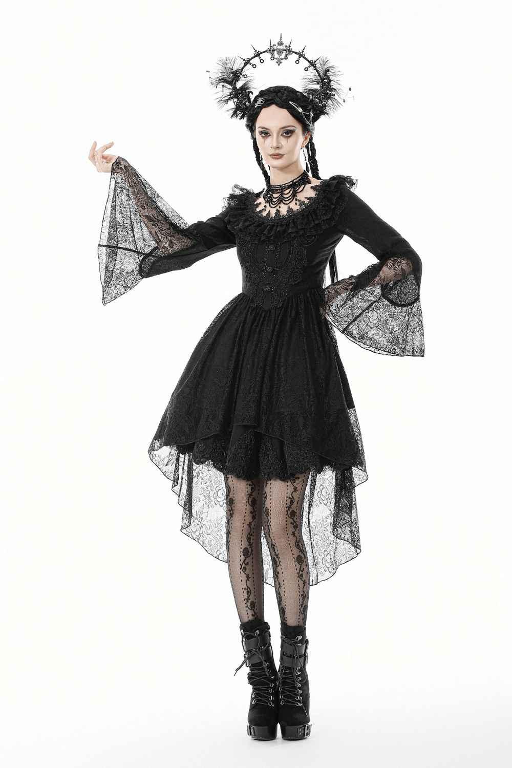 Dramatic Lace High Low Dress with Corset Back and Ruffles worn by a model, featuring sheer lace and flared sleeves.
