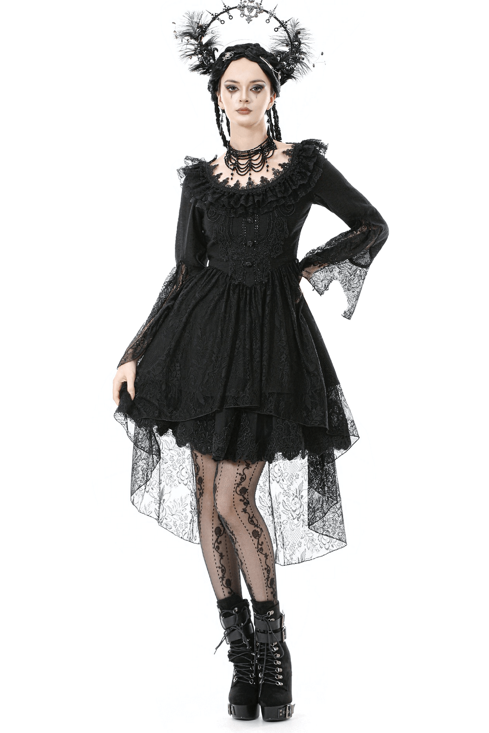 Dramatic Lace High Low Dress with Corset Back and Ruffles worn by a model, featuring sheer lace and ruffled details.
