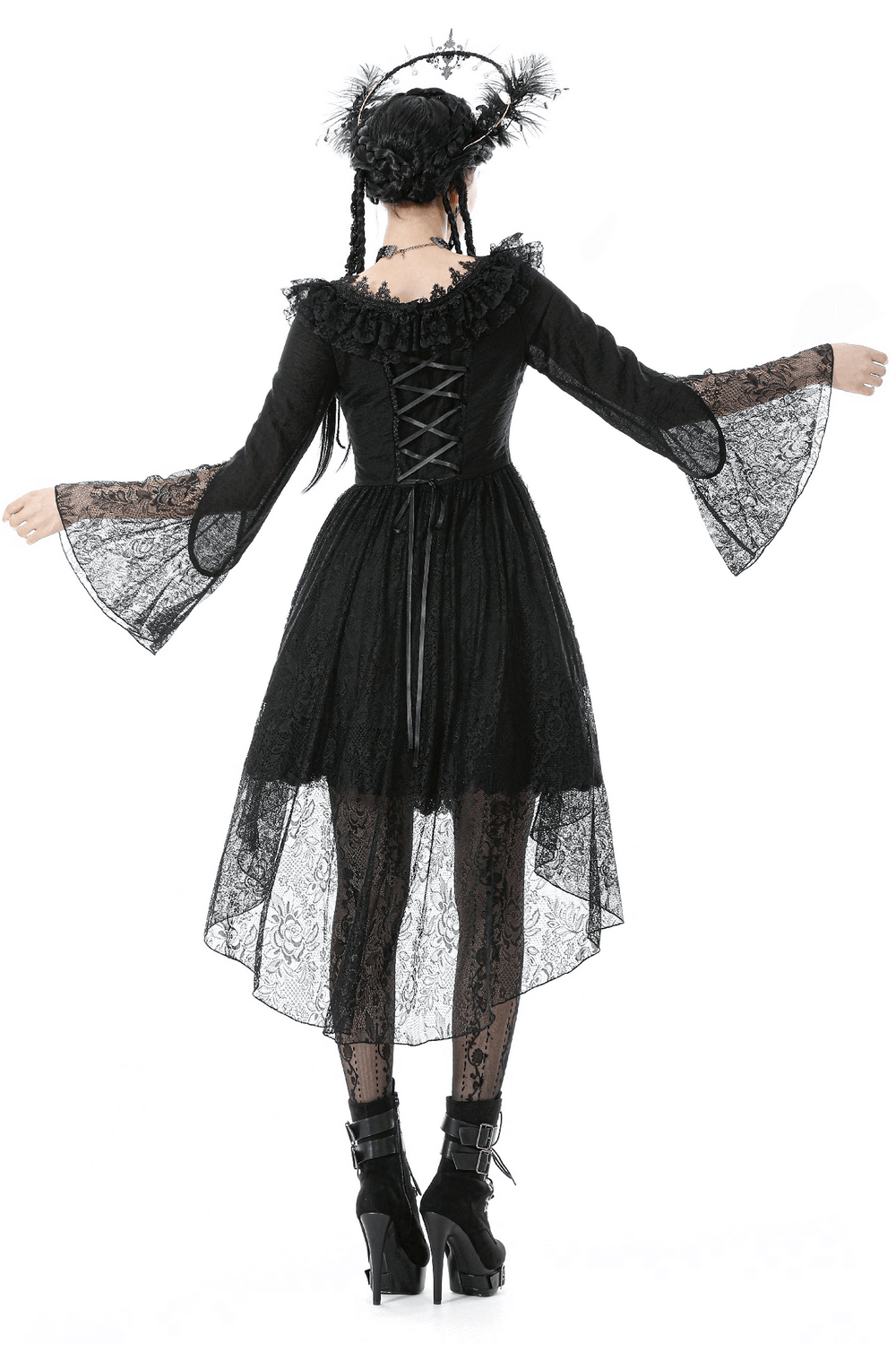 Dramatic Lace High Low Dress with Corset Back and Ruffles, featuring flared sleeves and sheer skirt.