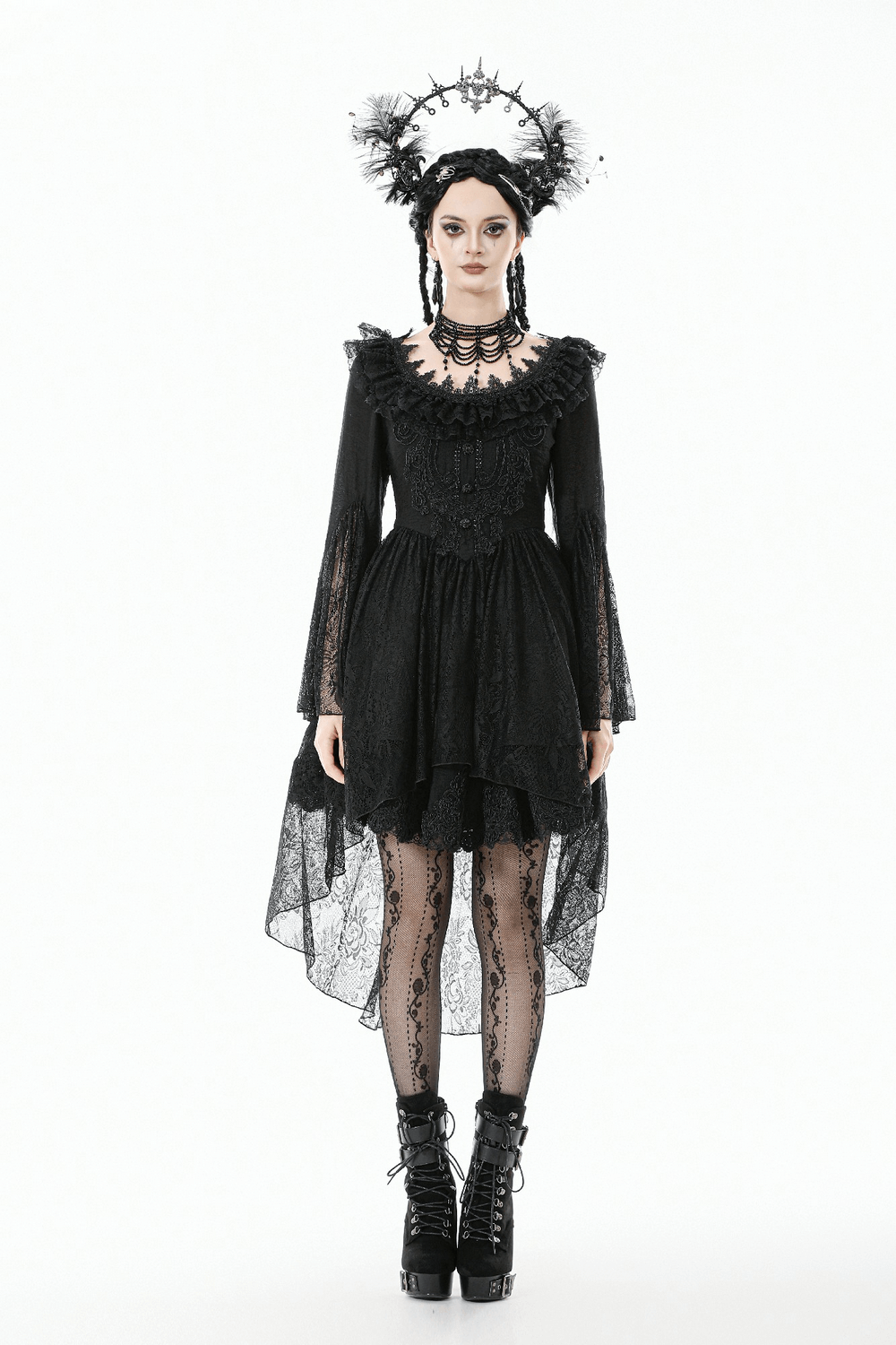 Dramatic Lace High Low Dress with Corset Back and Ruffles worn by a model, featuring lace details and gothic accessories.