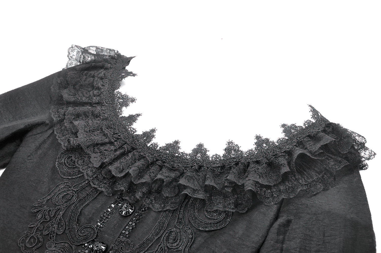 Dramatic Lace High Low Dress with Corset Back and Ruffles featuring intricate ruffled neckline and detailed lace embellishments.