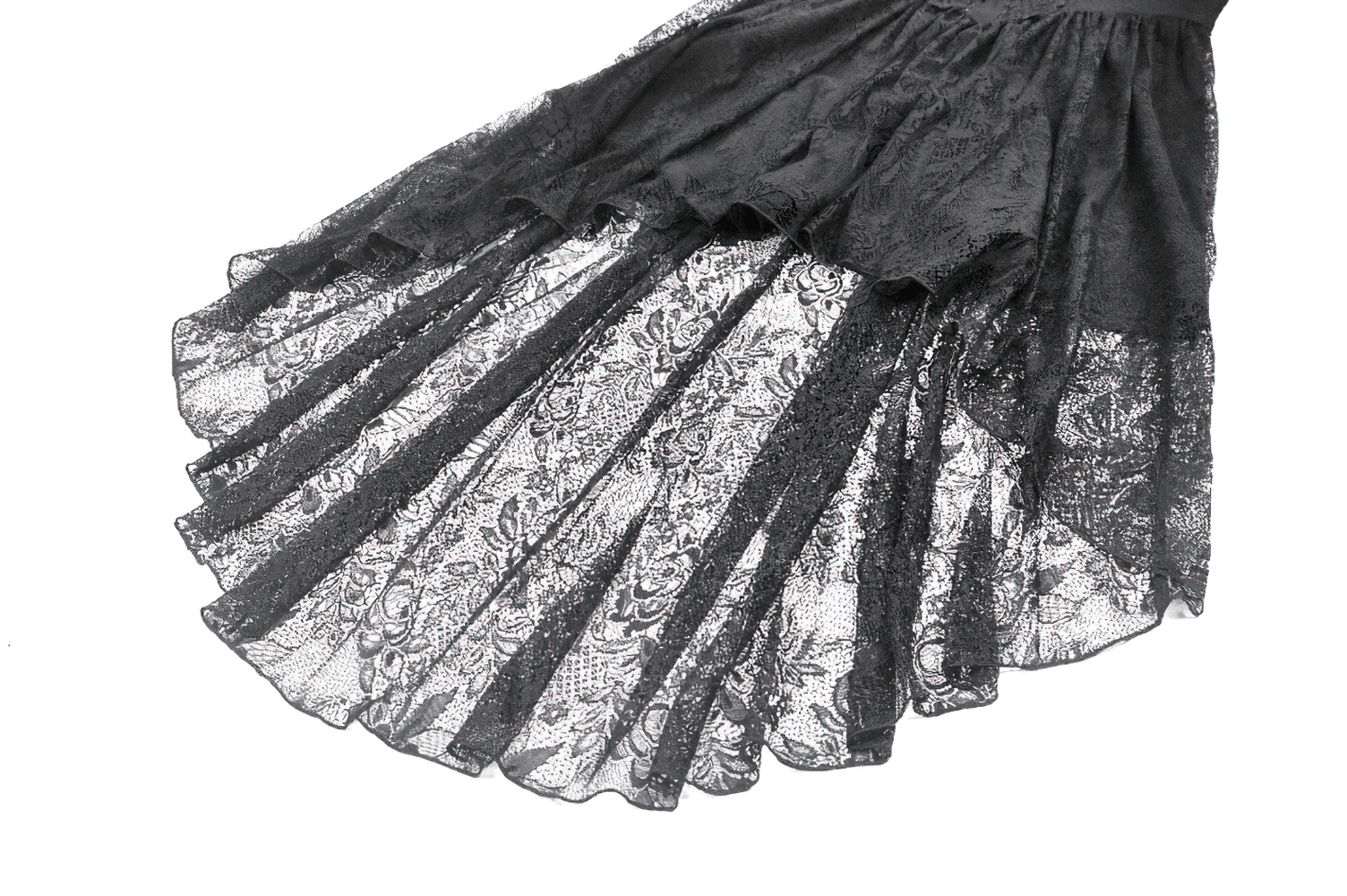 Dramatic Lace High Low Dress with Corset Back and Ruffles - sheer lace flared skirt detail.