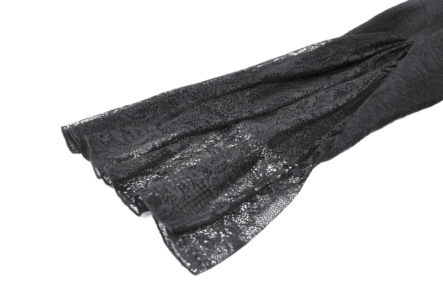 Dramatic Lace High Low Dress with Corset Back and Ruffles long black lace bell sleeves close-up.