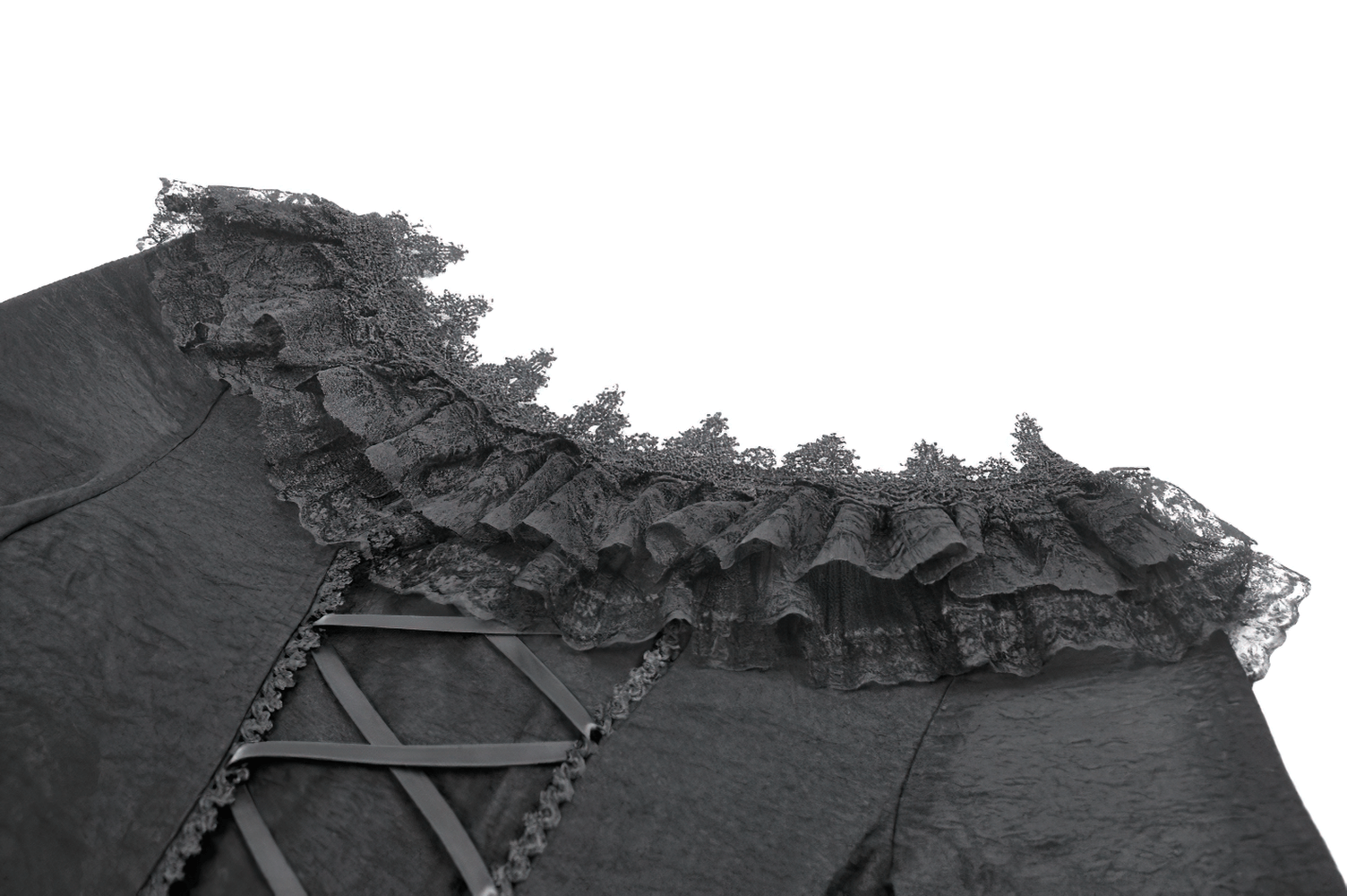 Dramatic Lace High Low Dress with Corset Back and Ruffles featuring ruffled neckline and corset detail.