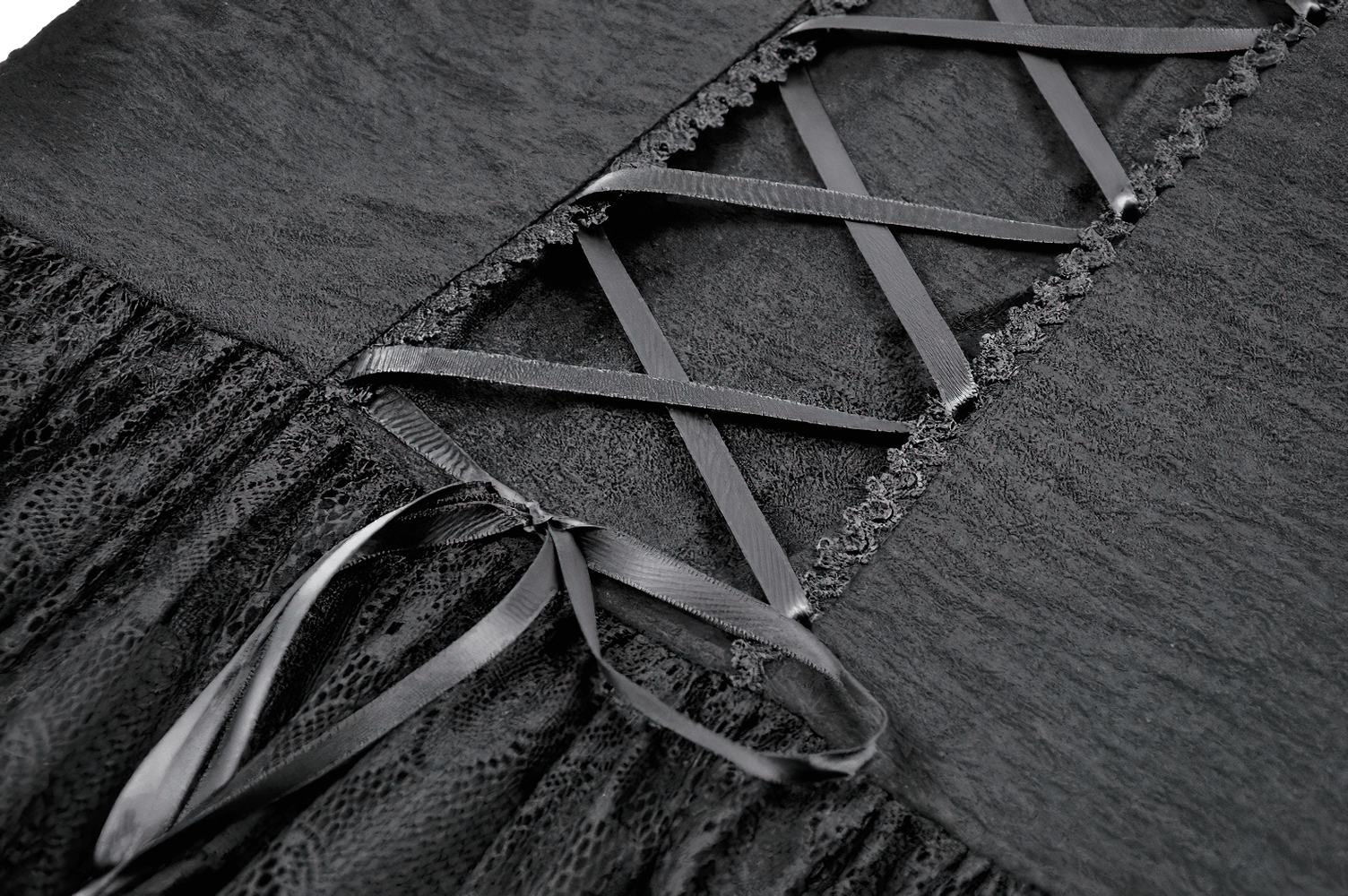 Dramatic Lace High Low Dress with Corset Back and Ruffles close-up of lace-up corset details and ruffles.