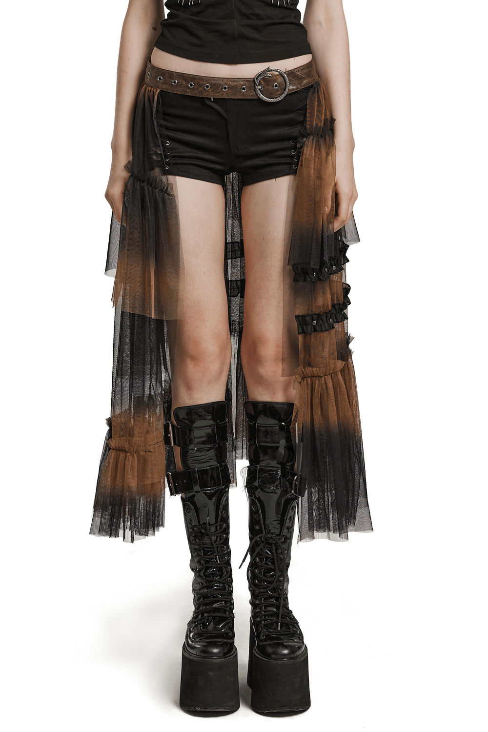 Dramatic long layered mesh half skirt with belt for women, edgy and stylish with a high-low cut.