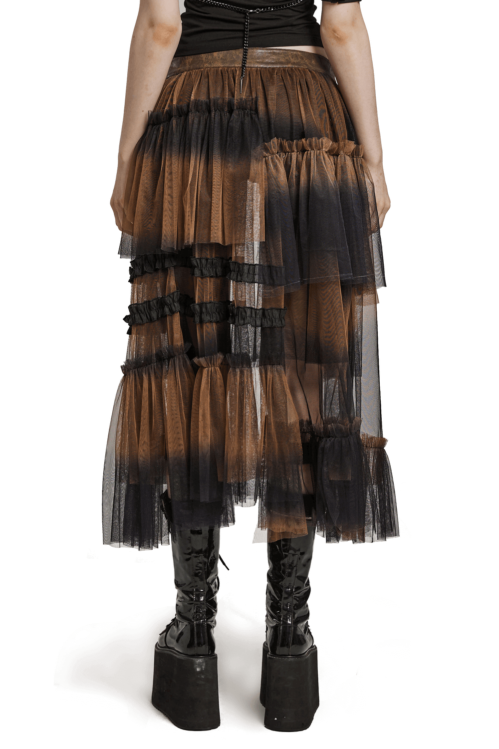 Dramatic long layered mesh half skirt with belt for women in brown and black, perfect for festivals and edgy fashion.