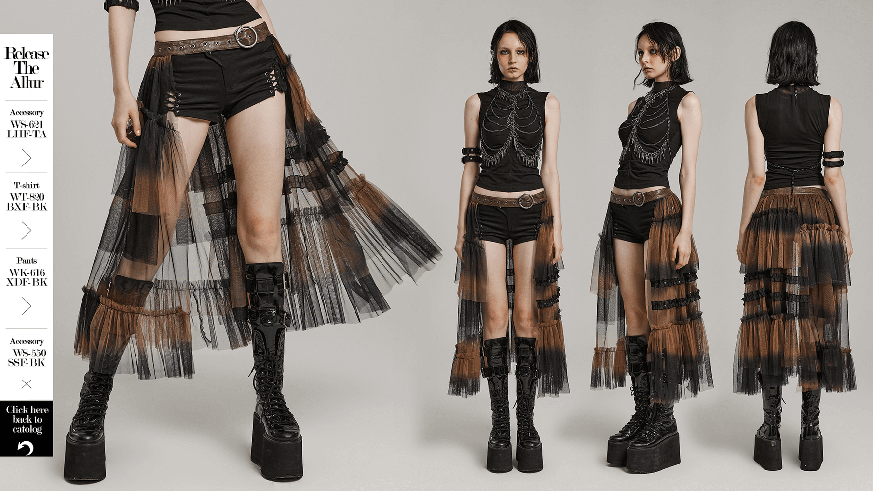 Dramatic long layered mesh half skirt with edgy belt and high-low cut for a bold women’s fashion look.