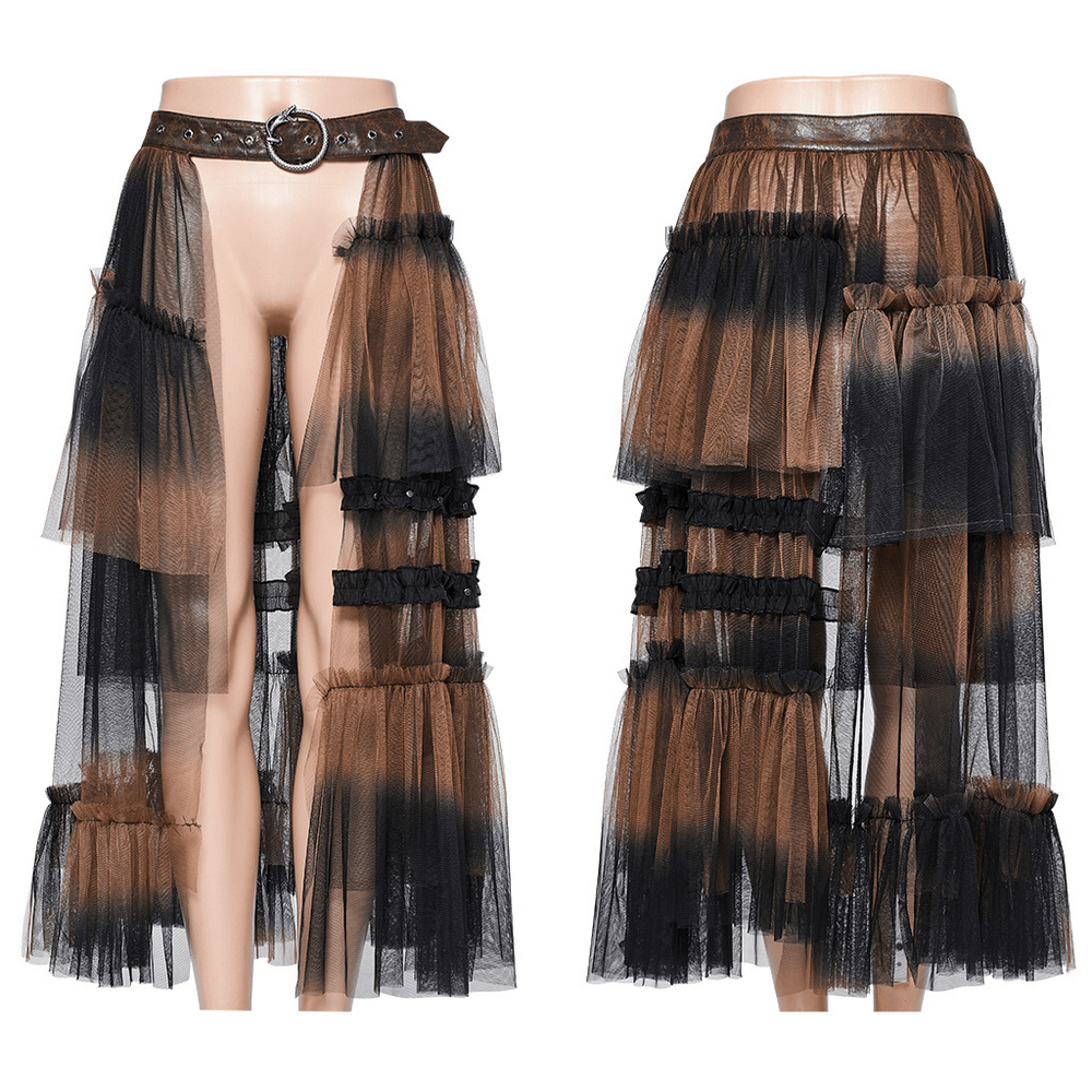 Dramatic long layered mesh half skirt with edgy belt for women in gradient colors.