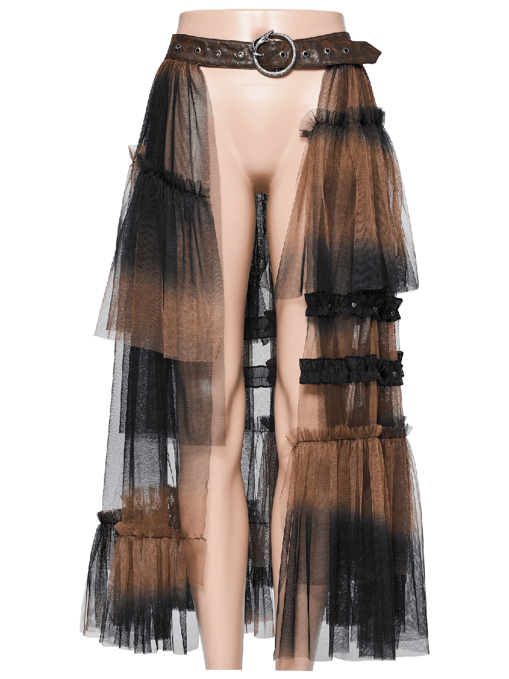 Dramatic long layered mesh skirt with asymmetrical cut and edgy belt for women in gradient colors.