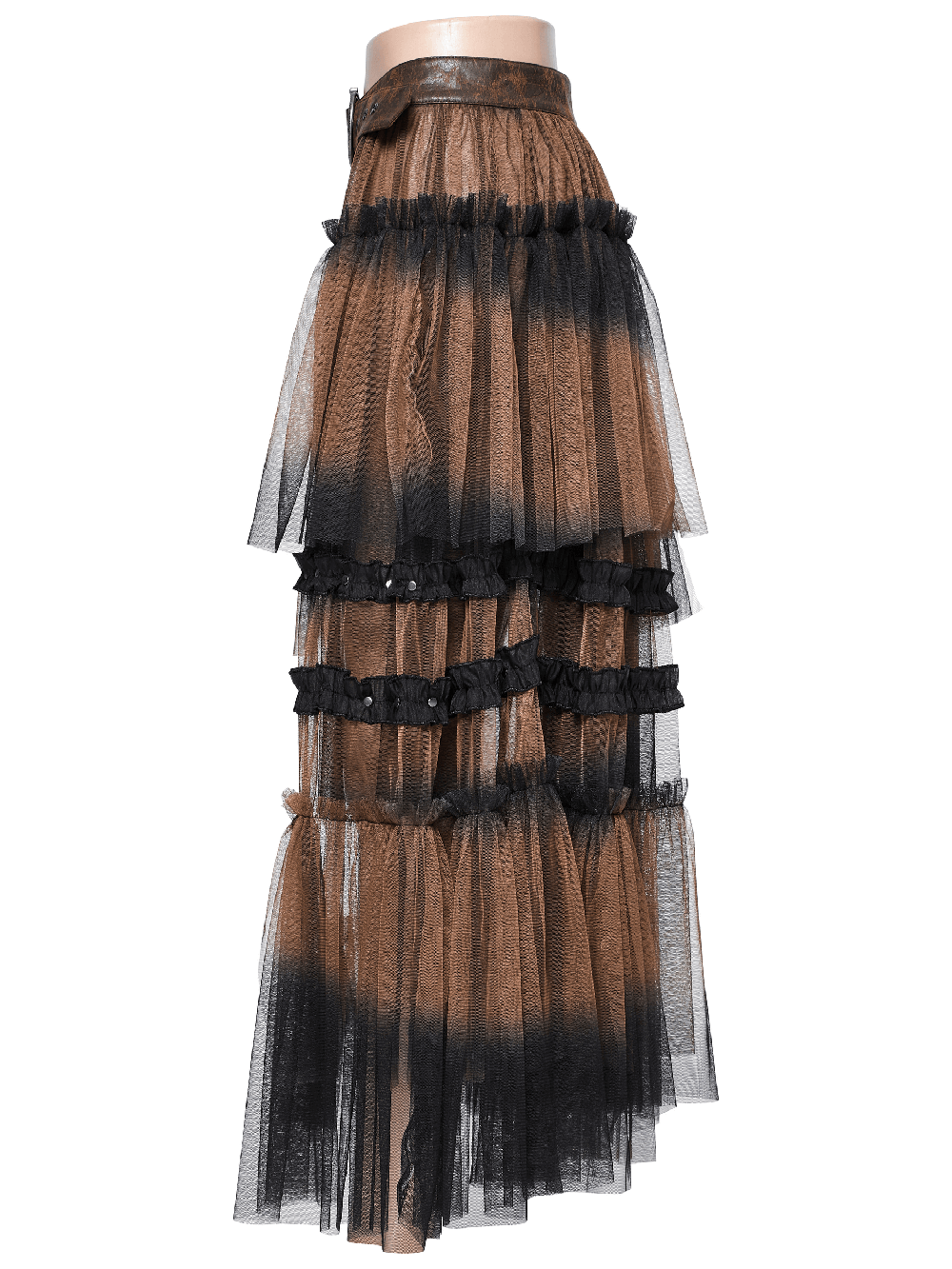Dramatic long layered mesh half skirt with belt in brown and black, perfect for a bold fashion statement.