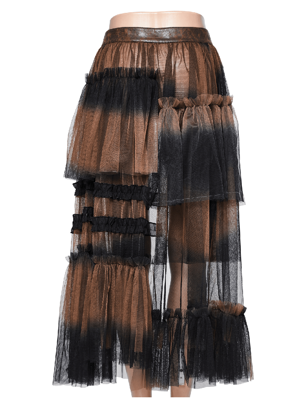 Dramatic long layered mesh skirt with asymmetrical cut and edgy faux leather belt for women.
