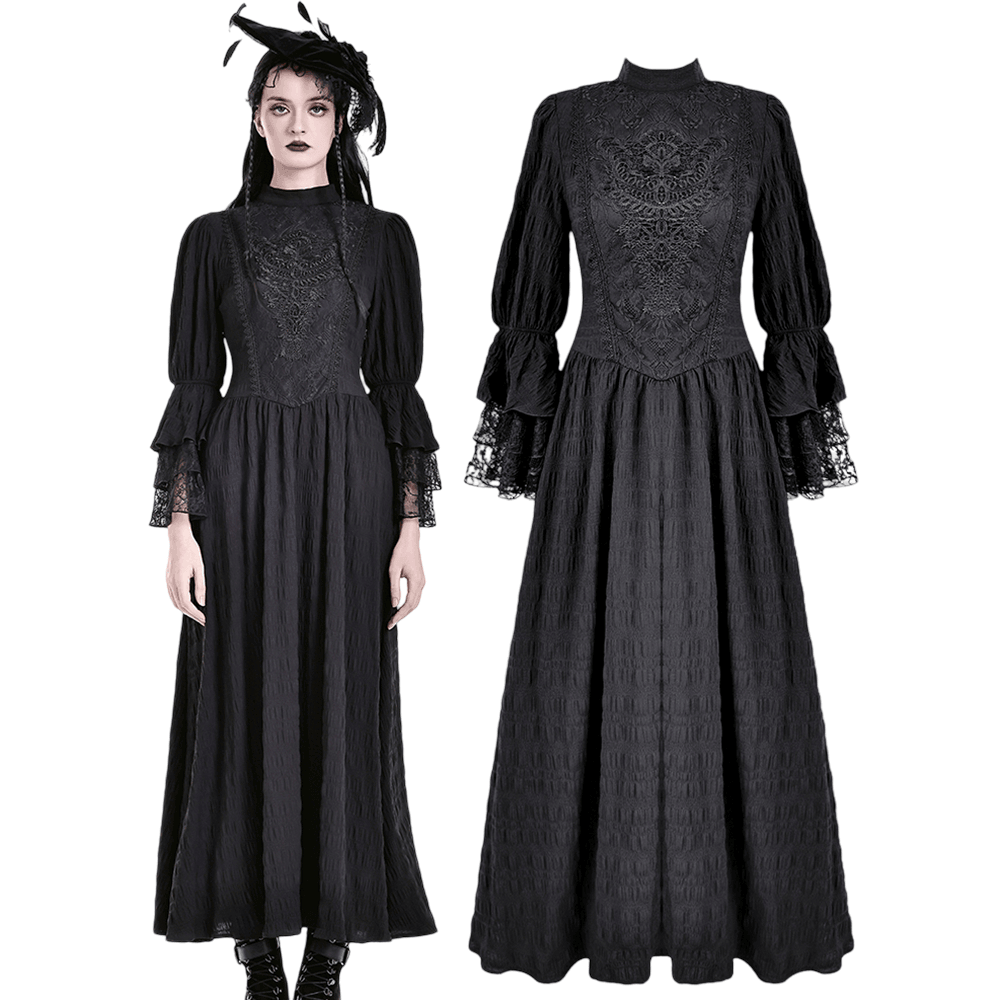 Robe longue spectaculaire avec corsage en dentelle et poignets évasés