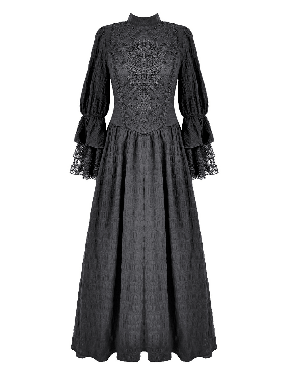 Robe longue spectaculaire avec corsage en dentelle et poignets évasés