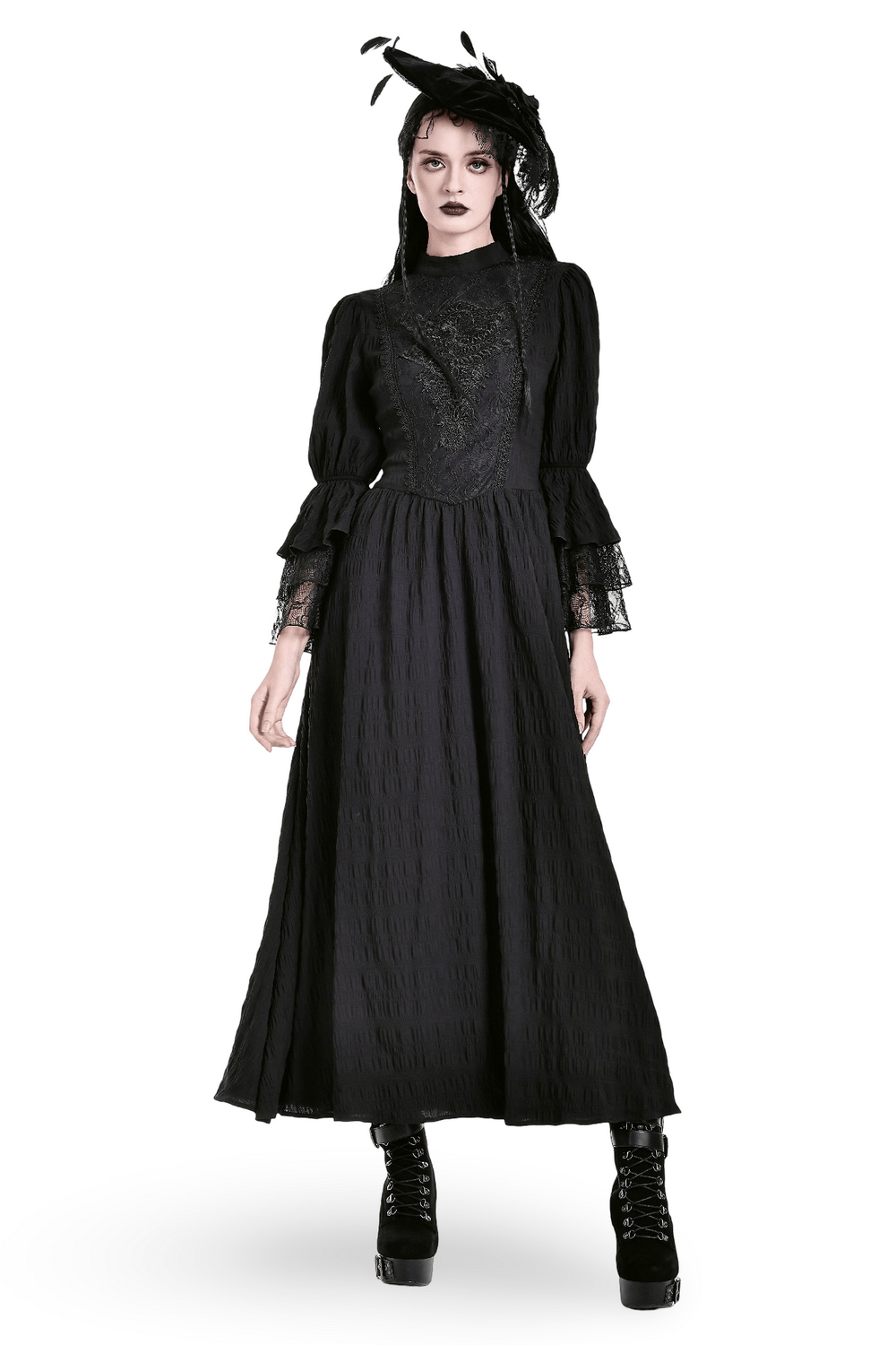 Robe longue spectaculaire avec corsage en dentelle et poignets évasés