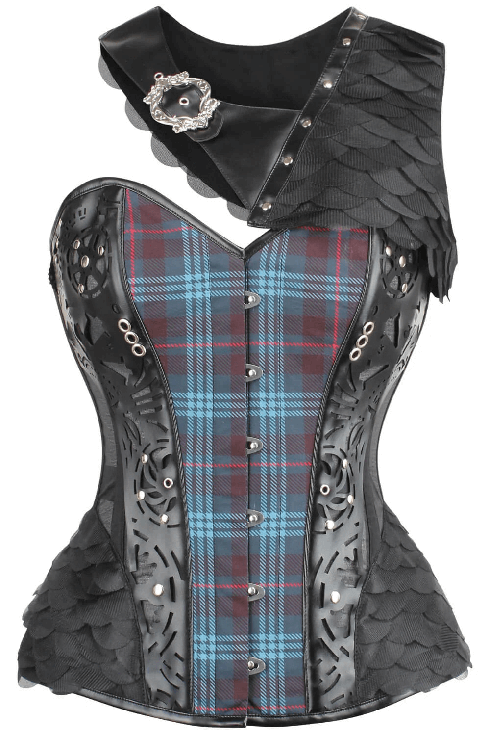 Alt Tag: Dramatic Plaid Overbust Corset with Scale Shrug Detail in blue-red tartan, steel boning, front busk, buckled shoulder shrug